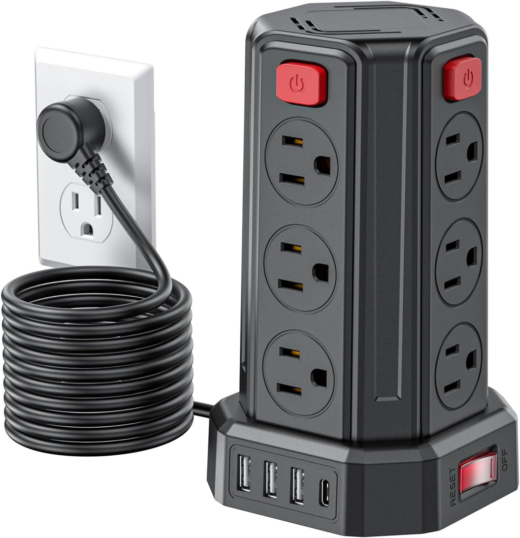 SMALLRT Torre Regleta Multicontacto, Extensión Eléctrica Plana de 3.04M, Negro