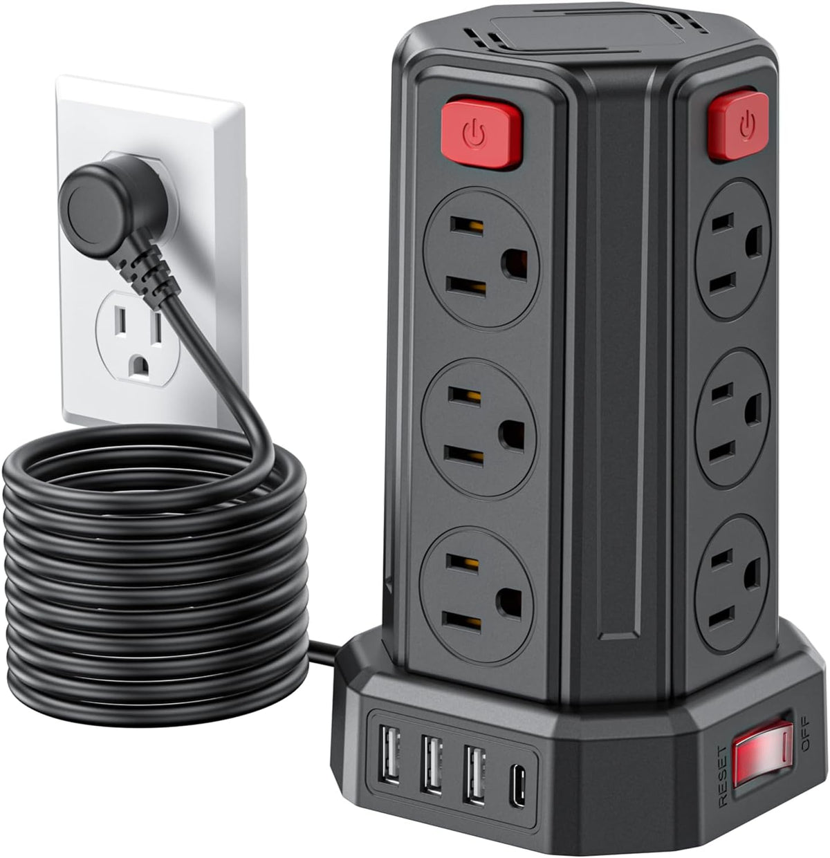 SMALLRT Torre Regleta Multicontacto,3.04M Plana Extension Electrica,Negro