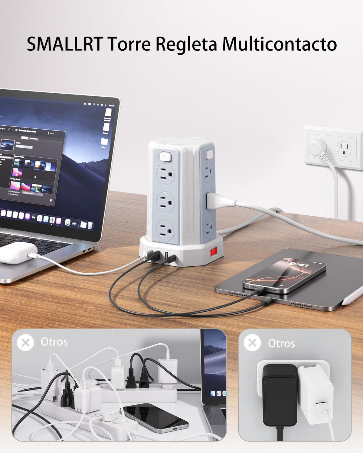 SMALLRT Torre Regleta Multicontacto,3.04M Plana Extension Electrica,Negro