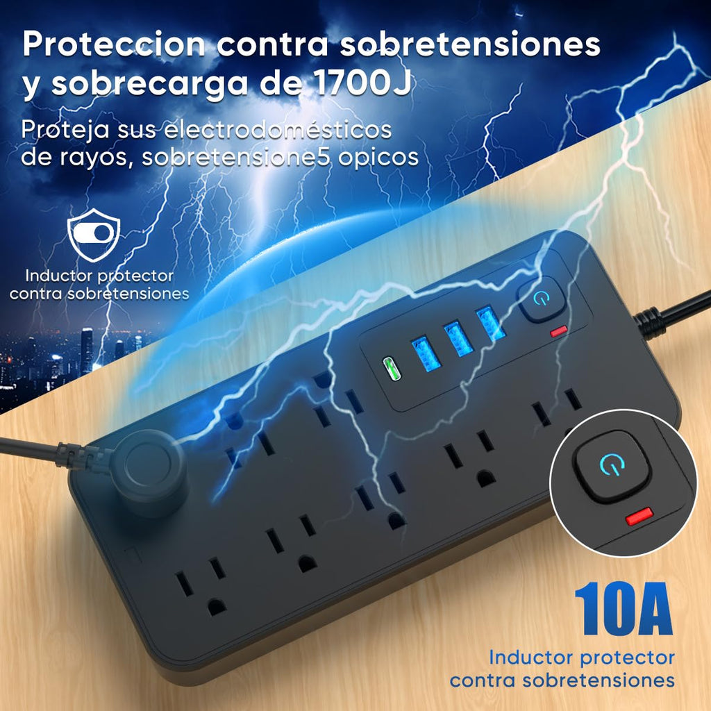 LUKITO Multicontacto Regleta 12 En1, Extensión Eléctrica con Protección contra Sobrecargas, Conector Multiple para Escritorio con Cable De 1.8m, 8 Salidas CA Y 4 Puertos USB (1 USB-c)