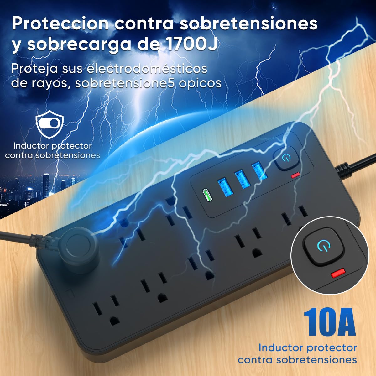 LUKITO Multicontacto Regleta 12 En1, Extensión Eléctrica con Protección contra Sobrecargas, Conector Multiple para Escritorio con Cable De 1.8m, 8 Salidas CA Y 4 Puertos USB (1 USB-c)