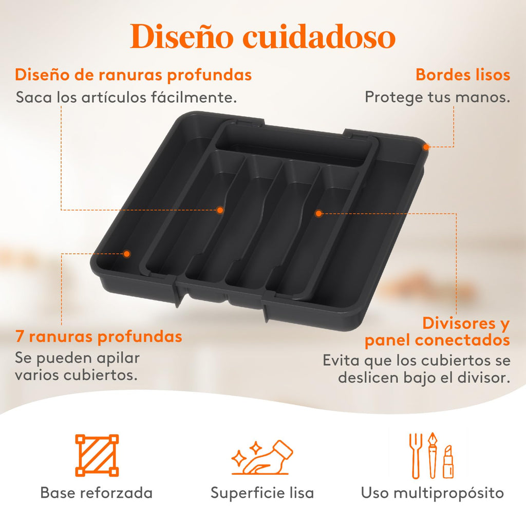 Lifewit Organizador de cubiertos, bandeja extensible para cubiertos, cubertero para cajón de cocina, organizador ajustable y compacto para cucharas, tenedores y cuchillos, grande, negro