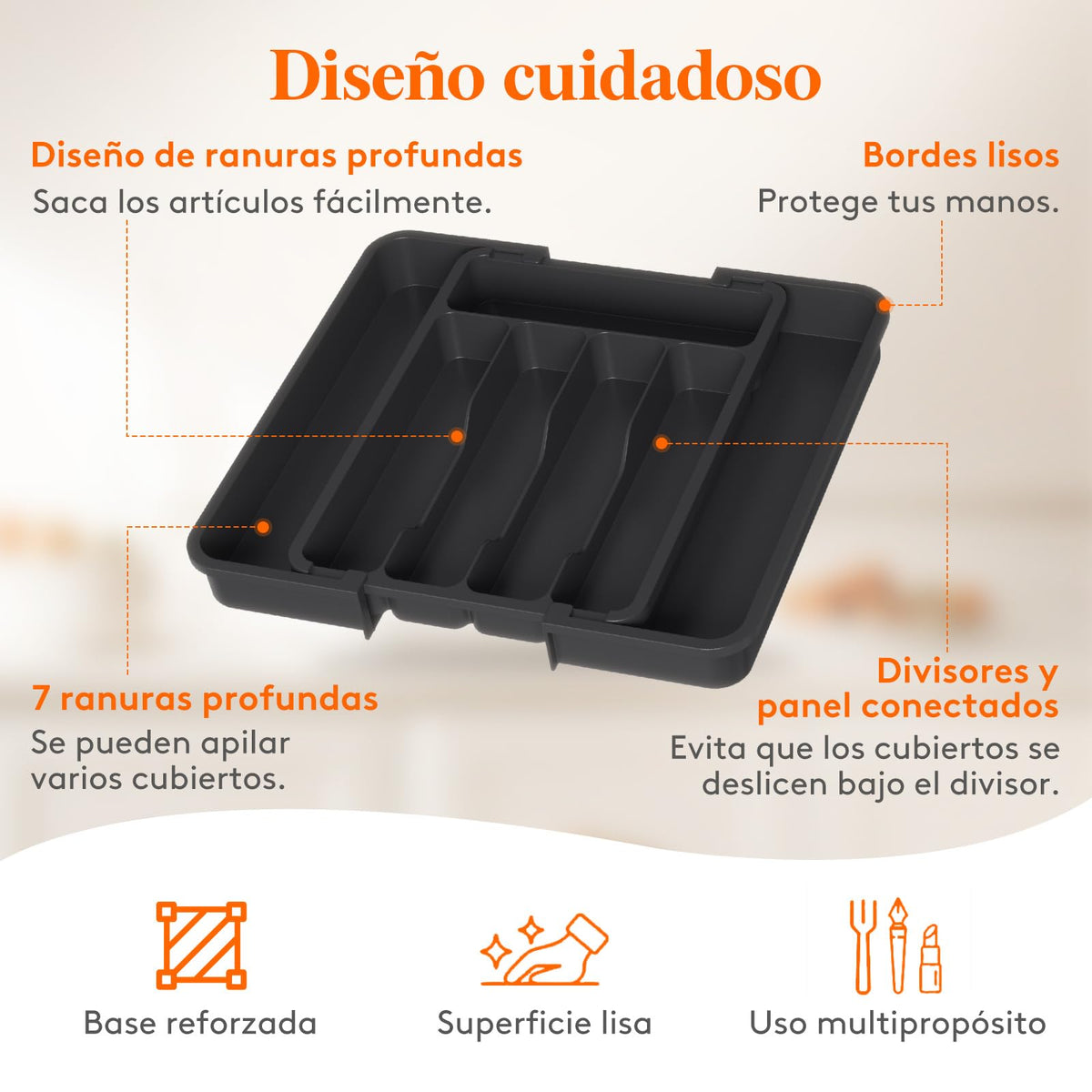 Lifewit Organizador de cubiertos, bandeja extensible para cubiertos, cubertero para cajón de cocina, organizador ajustable y compacto para cucharas, tenedores y cuchillos, grande, negro