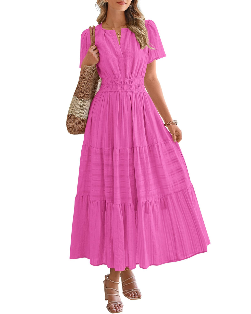 BTFBM - Vestido largo casual de verano 2025 midi y maxi para mujer, ligero, manga corta, cuello en V, cintura elástica, con bolsillos, estilo bohemio para playa