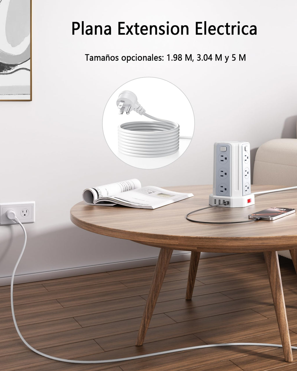 SMALLRT Torre Regleta Multicontacto, Extensión Eléctrica Plana de 3.04M, Negro