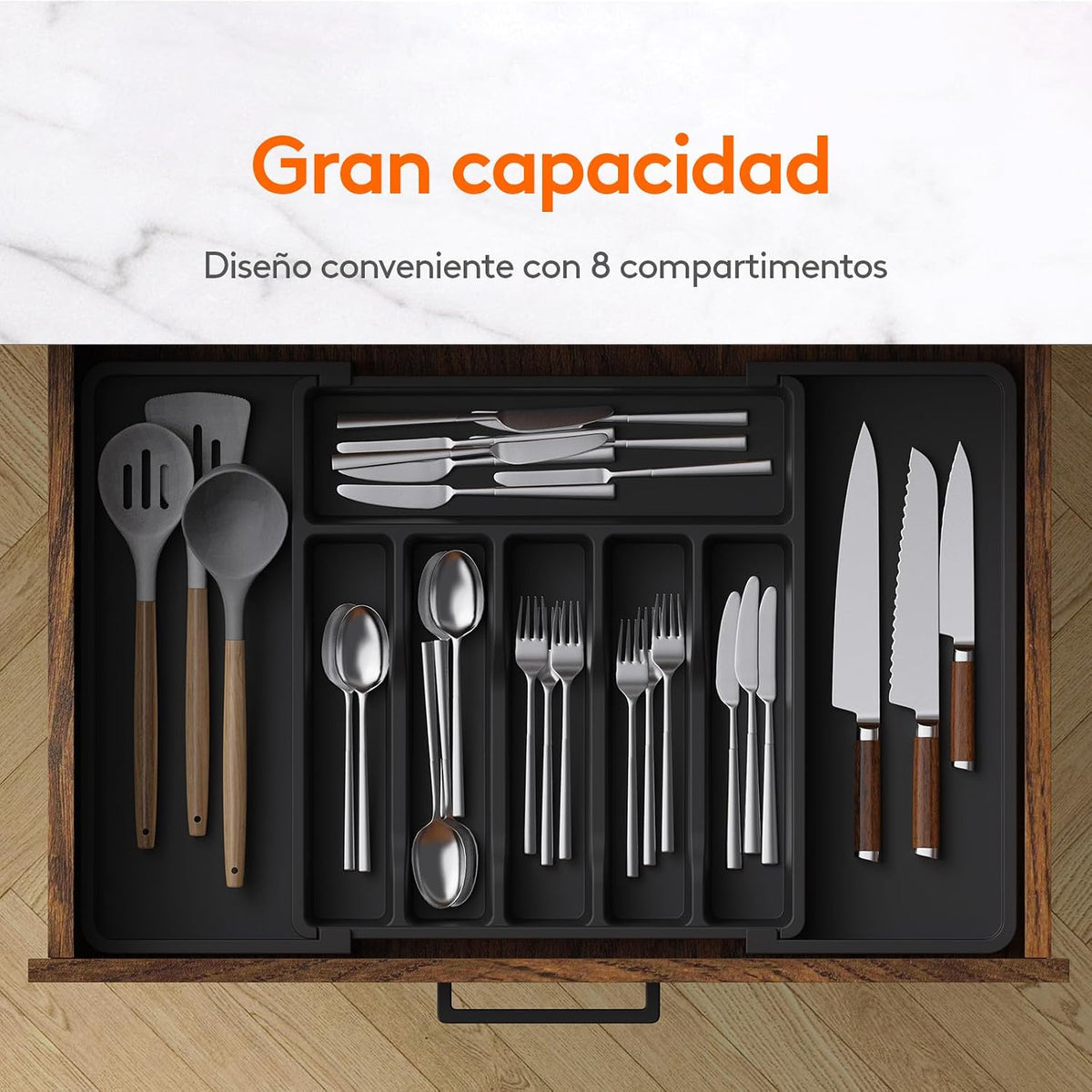 Lifewit Organizador de cubiertos, bandeja extensible para cubiertos, cubertero para cajón de cocina, organizador ajustable y compacto para cucharas, tenedores y cuchillos, grande, negro