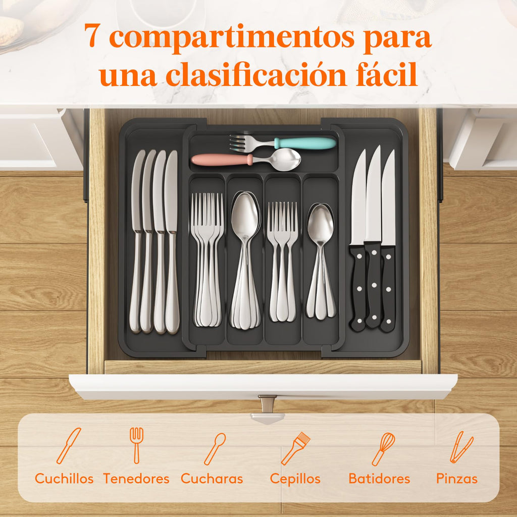Lifewit Organizador de cubiertos, bandeja extensible para cubiertos, cubertero para cajón de cocina, organizador ajustable y compacto para cucharas, tenedores y cuchillos, grande, negro