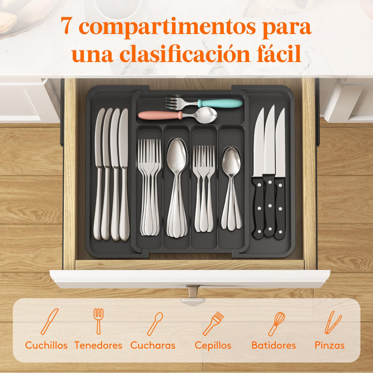 Lifewit Organizador de Cubiertos, Bandeja para Cubiertos Extensible, Cubertero para Cajón para Menaje, Organizador de Cubertería Ajustable y Compacto para Cucharas Tenedores Cuchillos, Grande, Negro