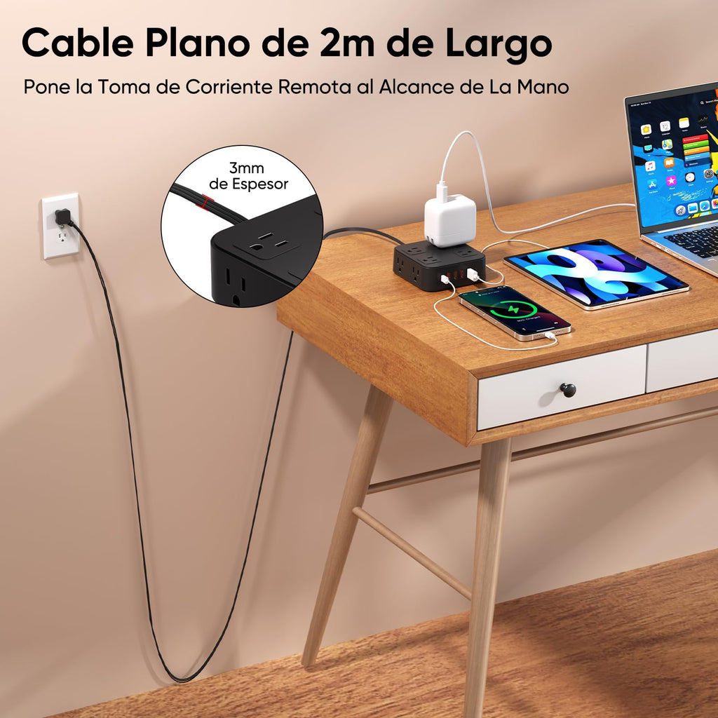 LUKITO Multicontacto Regleta 12 En1, Extensión Eléctrica con Protección contra Sobrecargas, Conector Multiple para Escritorio con Cable De 1.8m, 8 Salidas CA Y 4 Puertos USB (1 USB-c)