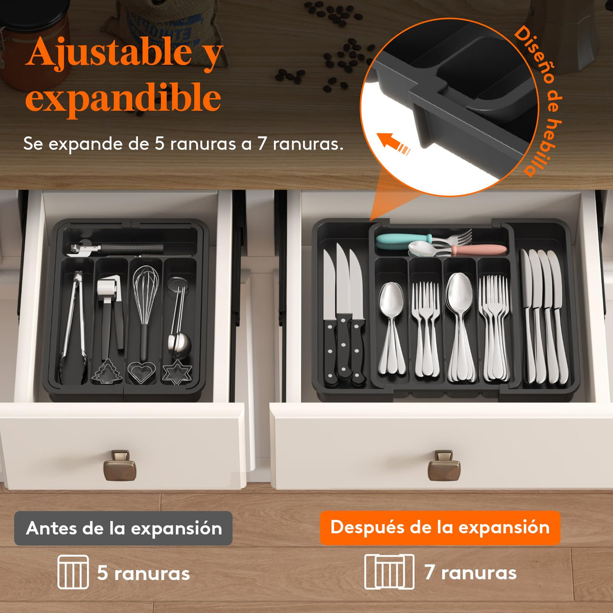 Lifewit Organizador de Cubiertos, Bandeja para Cubiertos Extensible, Cubertero para Cajón para Menaje, Organizador de Cubertería Ajustable y Compacto para Cucharas Tenedores Cuchillos, Grande, Negro