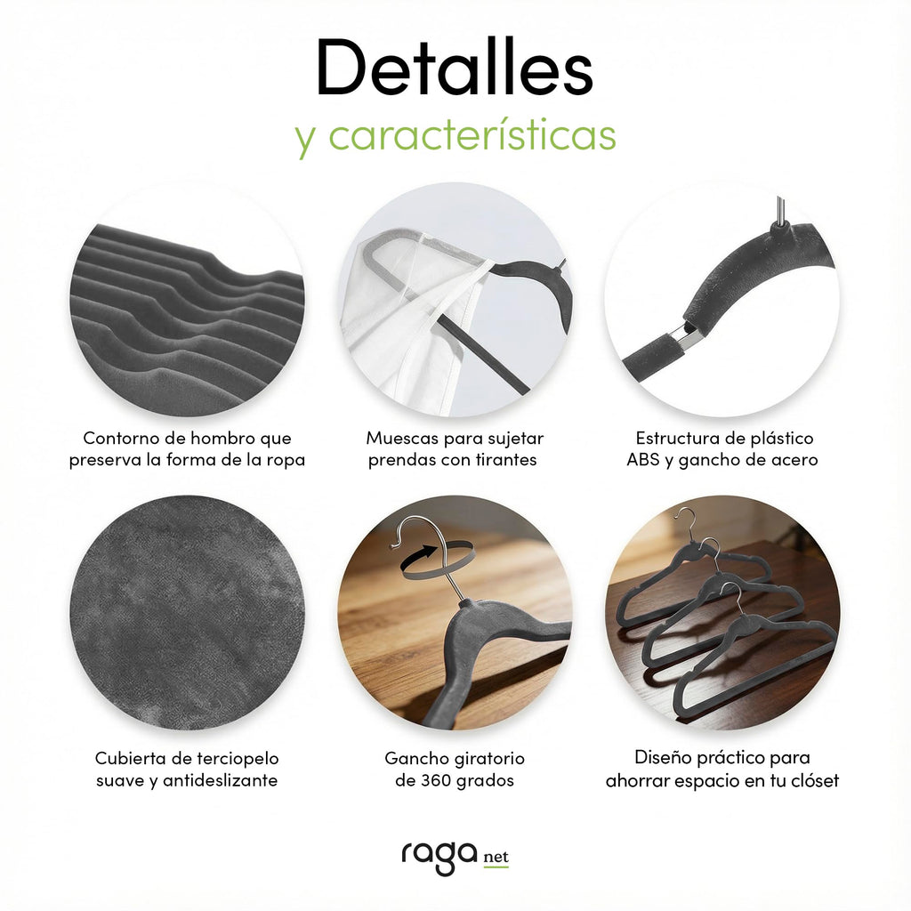 RagaBasics, Set de 50 Ganchos Metalicos Cubiertos con Terciopelo, Perchas de Alta Calidad, Gancho con Rotacion 360°, Ganchos Antideslizantes y Resistentes (Negro)