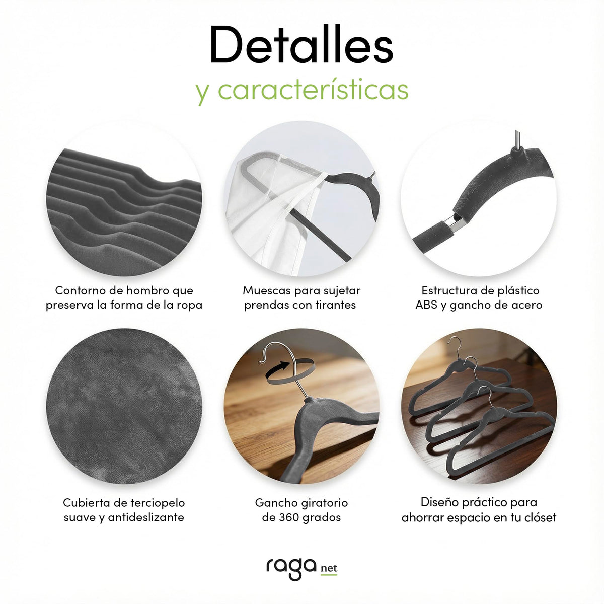 RagaBasics, Set de 50 Ganchos Metalicos Cubiertos con Terciopelo, Perchas de Alta Calidad, Gancho con Rotacion 360°, Ganchos Antideslizantes y Resistentes (Negro)