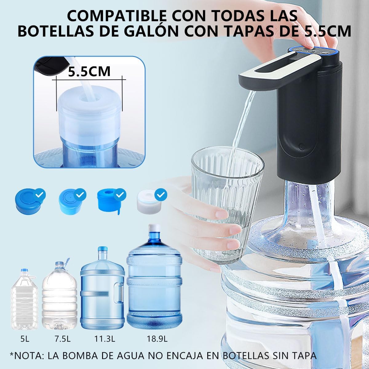 Dispensador de Agua Garrafón Plegable con 3 Modos y Luz LED, Bomba de Agua de Inalámbrica Recargable Portátil, Despachador de Agua Automático Rápido para Botellas de Galón de 4.5L a 20L