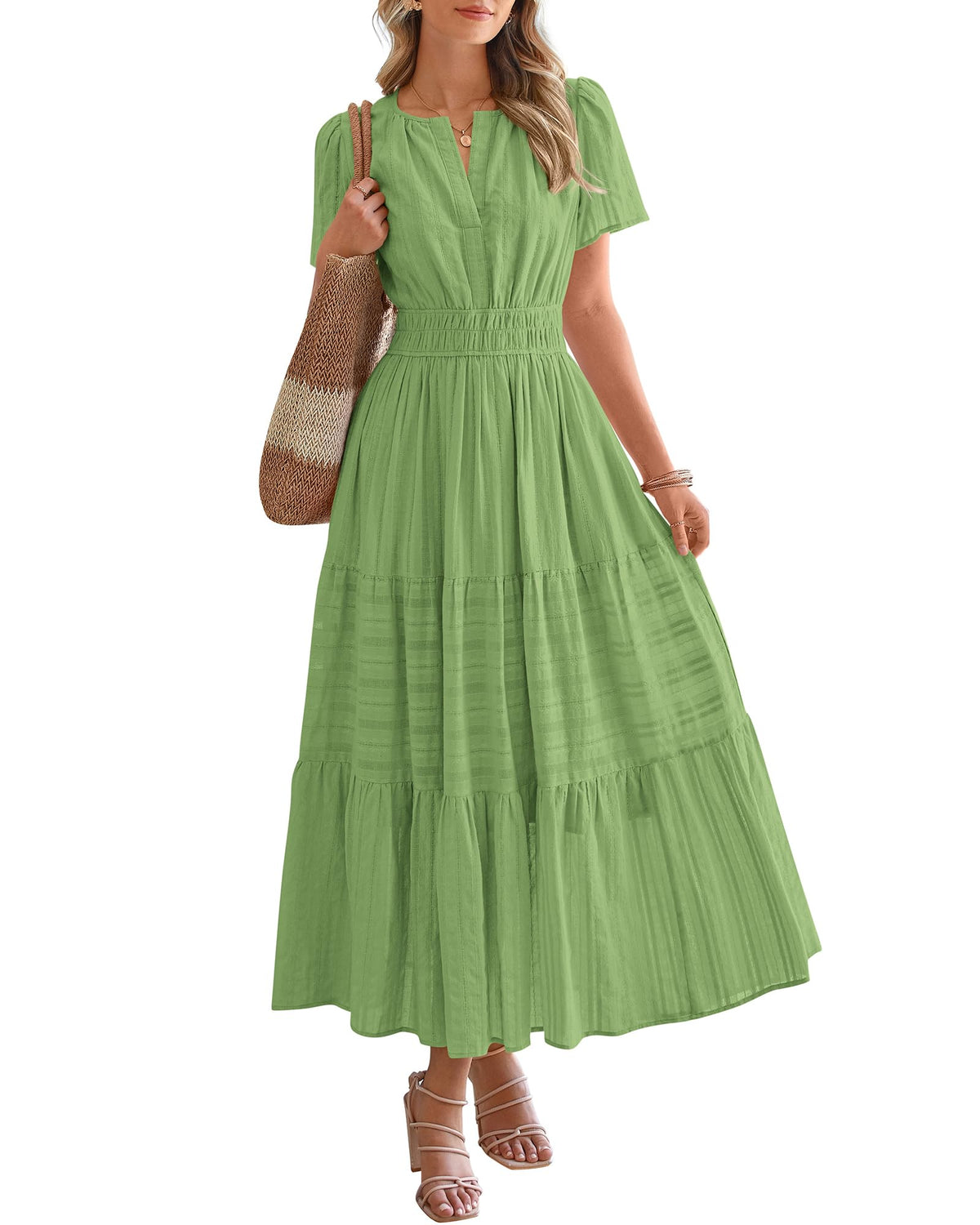 BTFBM - Vestido largo casual de verano 2025 midi y maxi para mujer, ligero, manga corta, cuello en V, cintura elástica, con bolsillos, estilo bohemio para playa