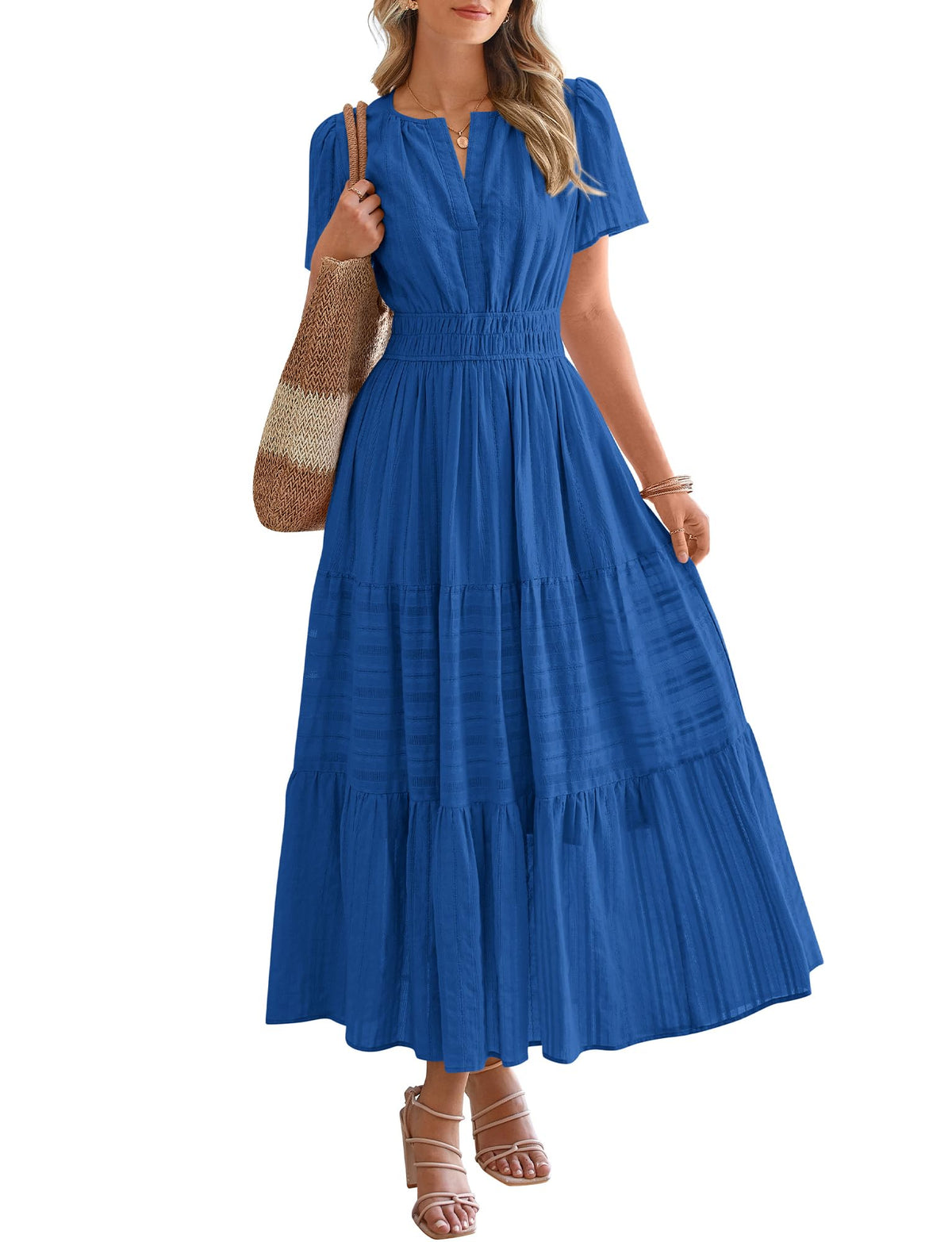 BTFBM - Vestido largo casual de verano 2025 midi y maxi para mujer, ligero, manga corta, cuello en V, cintura elástica, con bolsillos, bohemio para playa