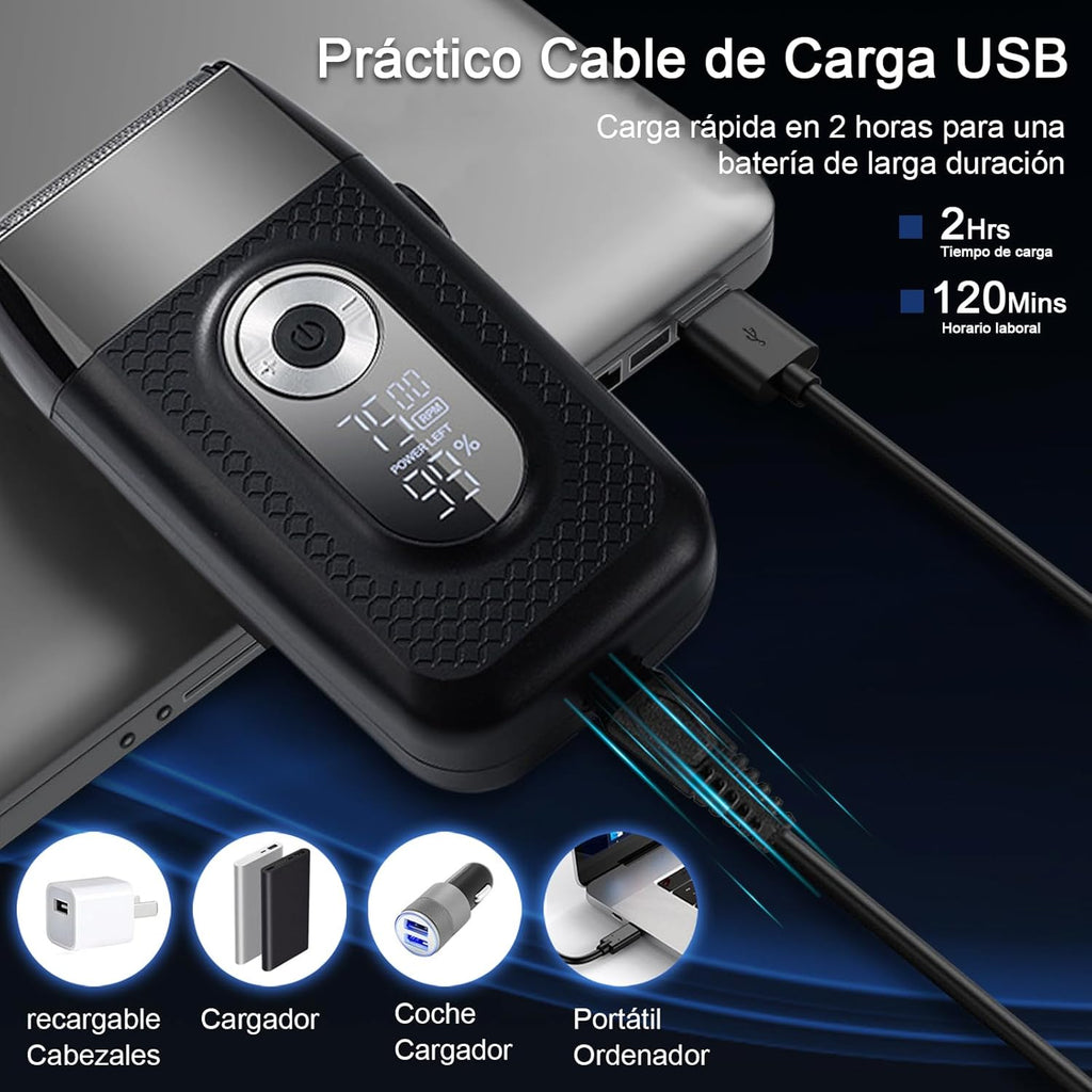 Afeitadora Eléctrica 2 en 1 para Hombre | Recargable USB, Resistente al Agua, 3 Velocidades