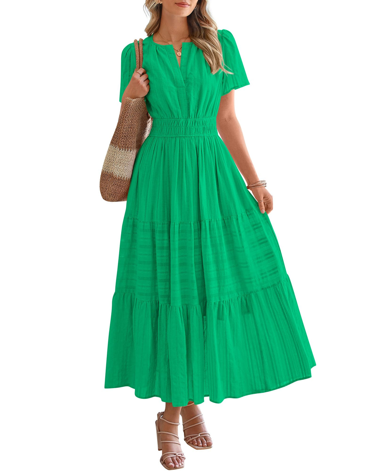 BTFBM - Vestido largo casual de verano 2025 midi y maxi para mujer, ligero, manga corta, cuello en V, cintura elástica, con bolsillos, bohemio para playa