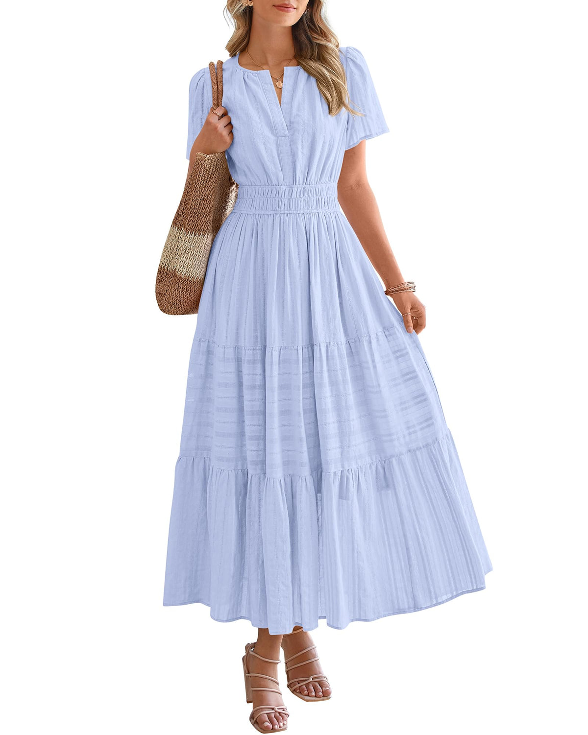 BTFBM - Vestido largo casual de verano 2025 midi y maxi para mujer, ligero, manga corta, cuello en V, cintura elástica, con bolsillos, estilo bohemio para playa