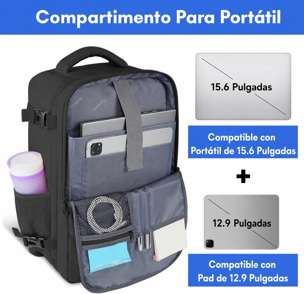 Mochila de viaje Taygeer de 35L, 10 kg para avión, para hombre y mujer, negra