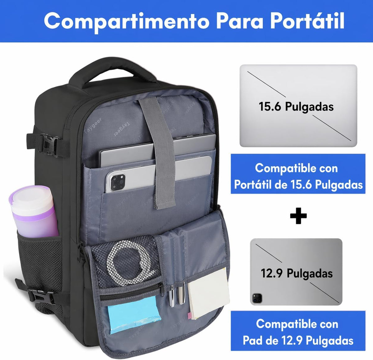Mochila de viaje Taygeer de 35L, 10 kg para avión, para hombre y mujer, negra