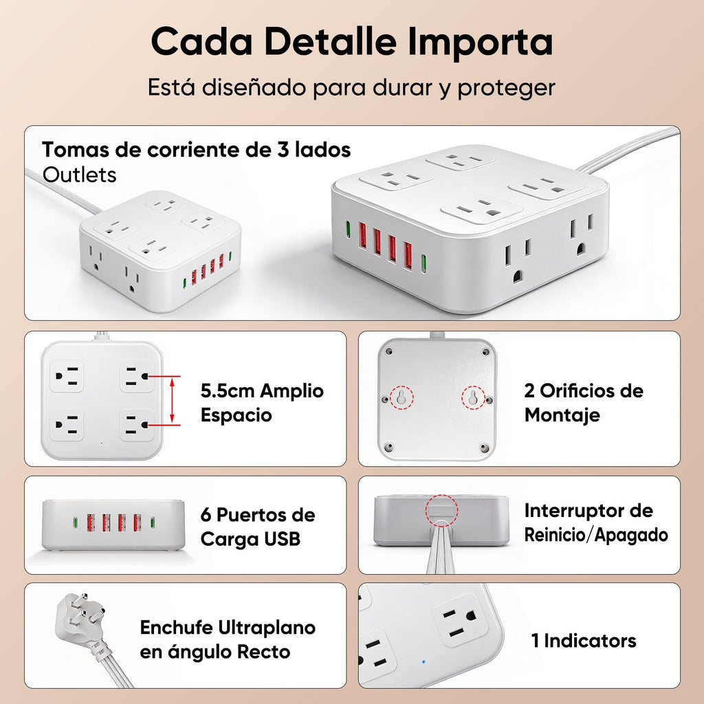 LUKITO Multicontacto Regleta 12 En1, Extensión Eléctrica con Protección contra Sobrecargas, Conector Multiple para Escritorio con Cable De 1.8m, 8 Salidas CA Y 4 Puertos USB (1 USB-c)