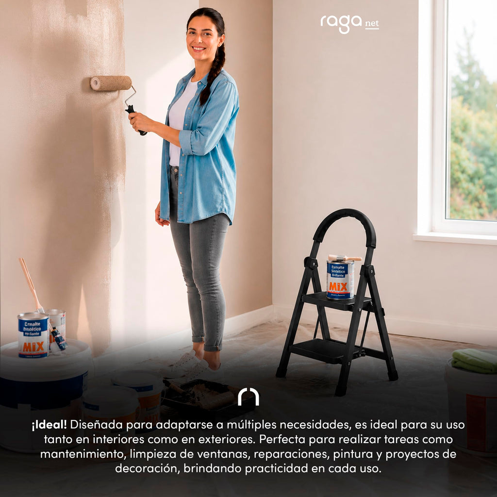Raganet, Escalera de Tijera de 3 Peldaños, Escalera Tubular, Escalera Plegable Hecha de Acero Inoxidable, Escalones y Patas Antideslizantes, Altura Maxima 111cm Color Blanco (3 Peldaños)