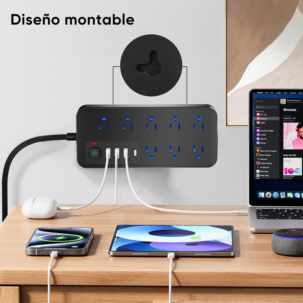 LUKITO Multicontacto Regleta 12 En1, Extensión Eléctrica con Protección contra Sobrecargas, Conector Multiple para Escritorio con Cable De 1.8m, 8 Salidas CA Y 4 Puertos USB (1 USB-c)