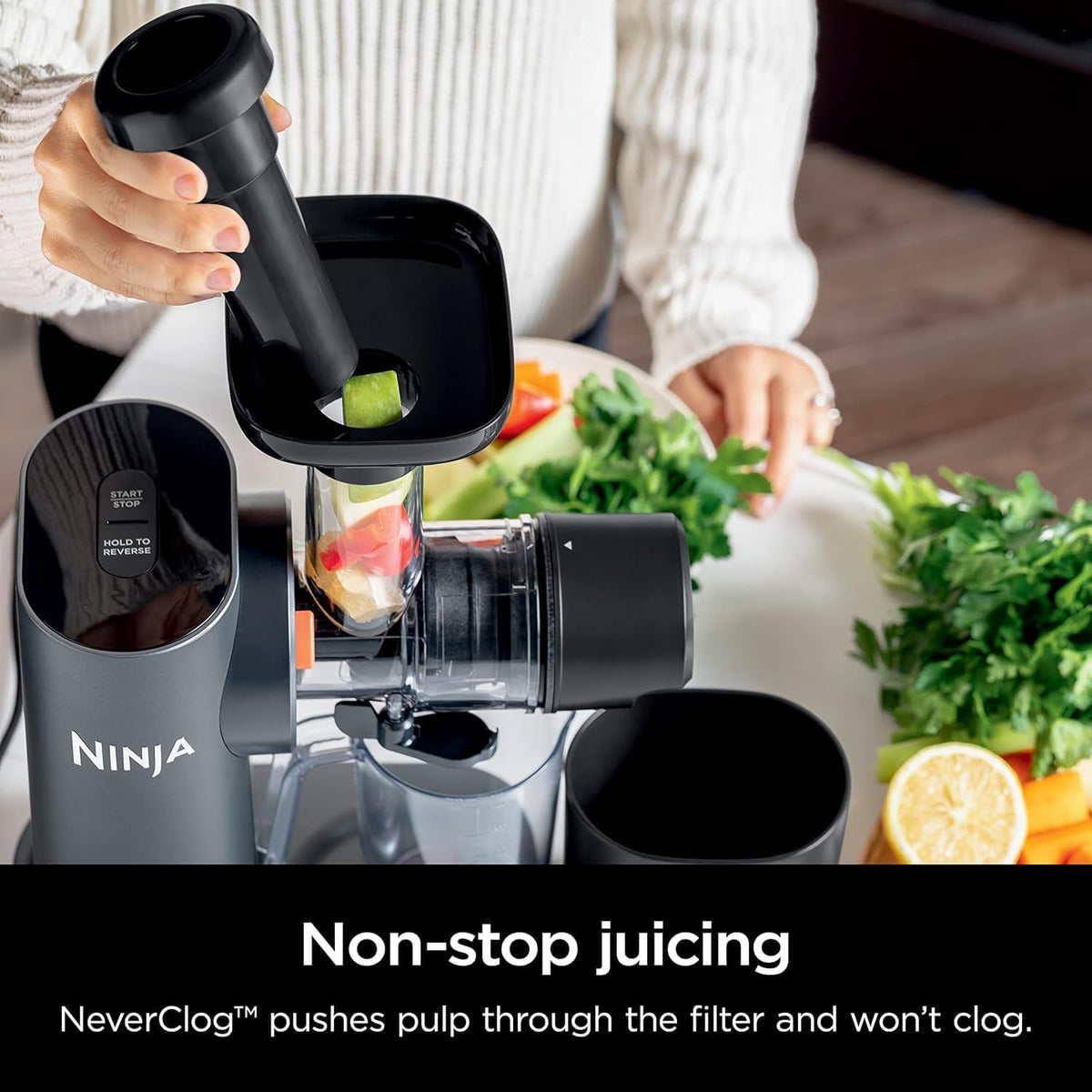 Ninja, Extractor de Jugos Prensado en Frio, Tecnologia Neverclog y Antigoteo, 2 Filtros, 2 Programas, Jarra y Contenedor de Pulpa (Reacondicionado)