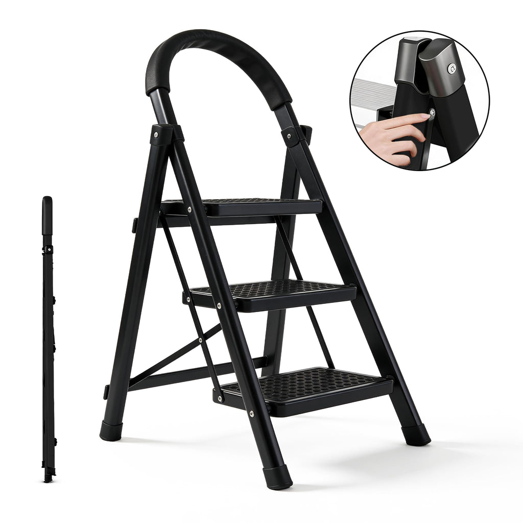 Raganet, Escalera de Tijera de 3 Peldaños, Escalera Tubular, Escalera Plegable Hecha de Acero Inoxidable, Escalones y Patas Antideslizantes, Altura Maxima 111cm Color Blanco (3 Peldaños)