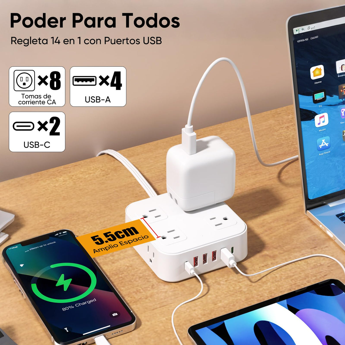 LUKITO Multicontacto Regleta 12 En1, Extensión Eléctrica con Protección contra Sobrecargas, Conector Multiple para Escritorio con Cable De 1.8m, 8 Salidas CA Y 4 Puertos USB (1 USB-c)