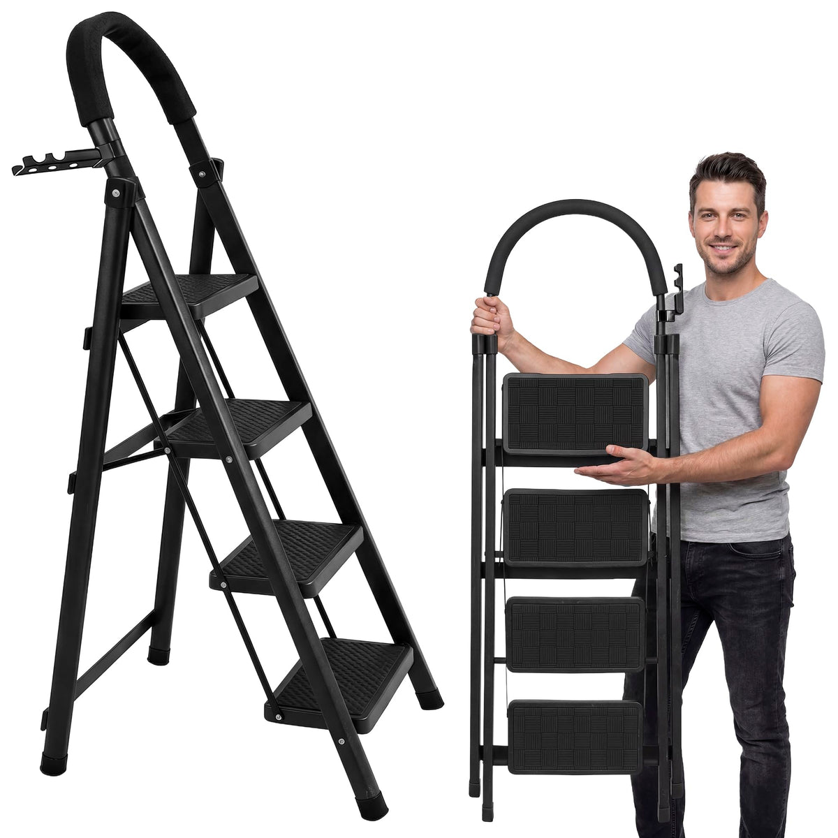 Raganet, Escalera de Tijera de 3 Peldaños, Escalera Tubular, Escalera Plegable Hecha de Acero Inoxidable, Escalones y Patas Antideslizantes, Altura Maxima 111cm Color Blanco (3 Peldaños)