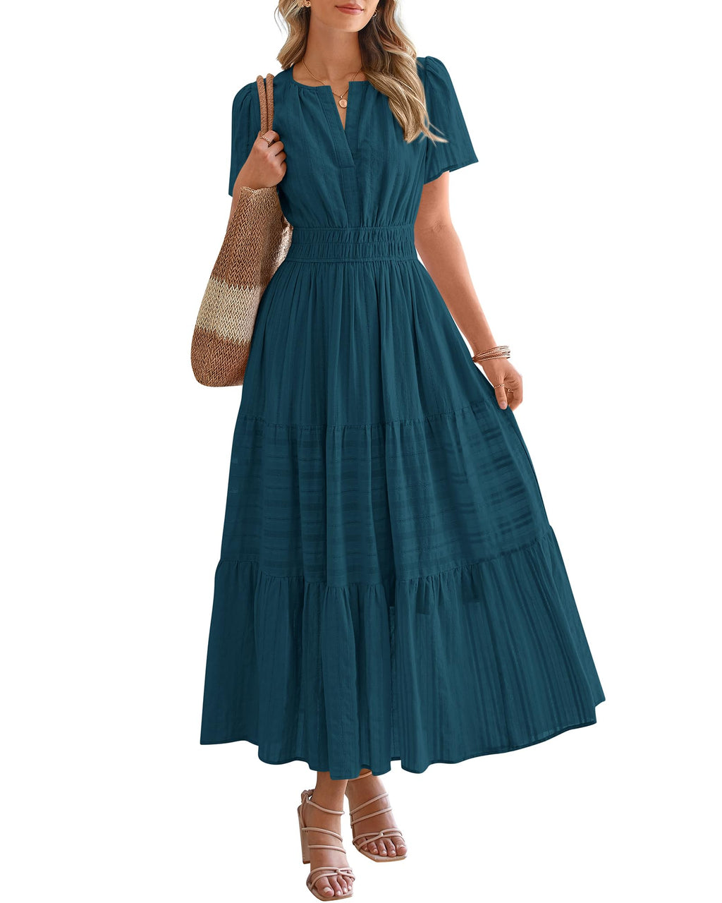 BTFBM - Vestido largo casual de verano 2025 midi y maxi para mujer, ligero, manga corta, cuello en V, cintura elástica, con bolsillos, estilo bohemio para playa