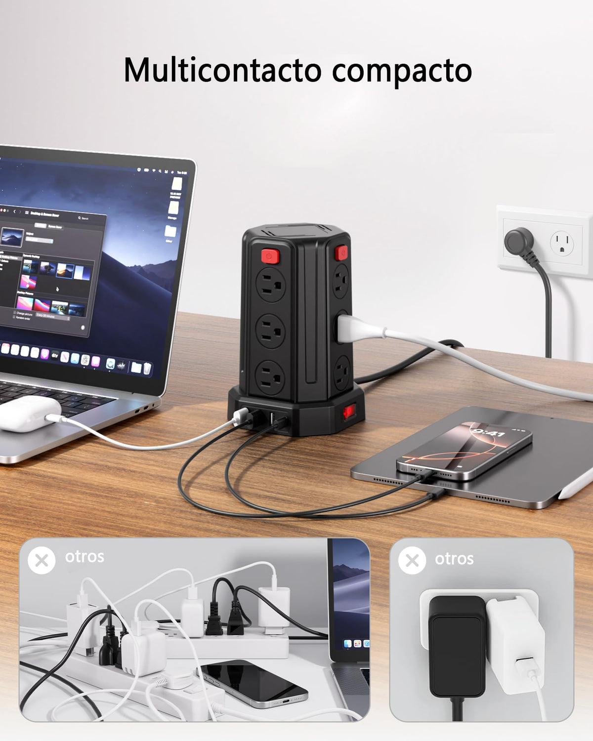 SMALLRT Torre Regleta Multicontacto, Extensión Eléctrica Plana de 3.04M, Negro