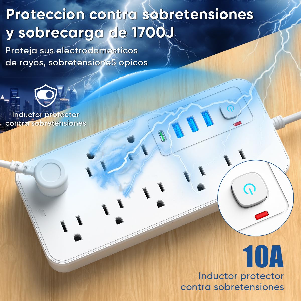 LUKITO Multicontacto Regleta 12 En1, Extensión Eléctrica con Protección contra Sobrecargas, Conector Multiple para Escritorio con Cable De 1.8m, 8 Salidas CA Y 4 Puertos USB (1 USB-c)