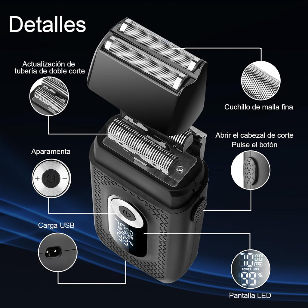 Afeitadora Eléctrica 2 en 1 para Hombre | Recargable USB, Resistente al Agua, 3 Velocidades