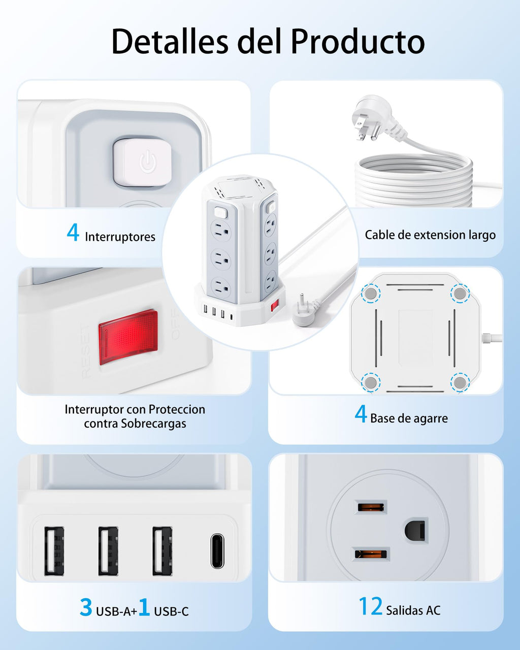 SMALLRT Torre Regleta Multicontacto, Extensión Eléctrica Plana de 3.04M, Negro