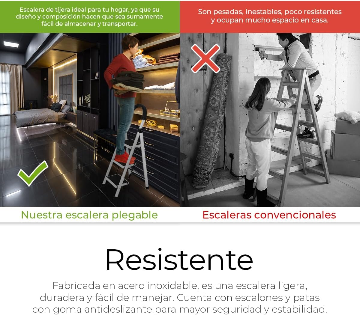 Raganet, Escalera de Tijera de 3 Peldaños, Escalera Tubular, Escalera Plegable Hecha de Acero Inoxidable, Escalones y Patas Antideslizantes, Altura Maxima 111cm Color Blanco (3 Peldaños)