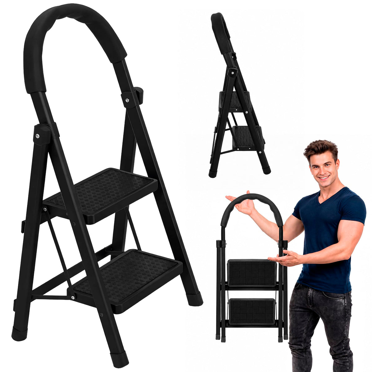 Raganet, Escalera de Tijera de 3 Peldaños, Escalera Tubular, Escalera Plegable Hecha de Acero Inoxidable, Escalones y Patas Antideslizantes, Altura Maxima 111cm Color Blanco (3 Peldaños)