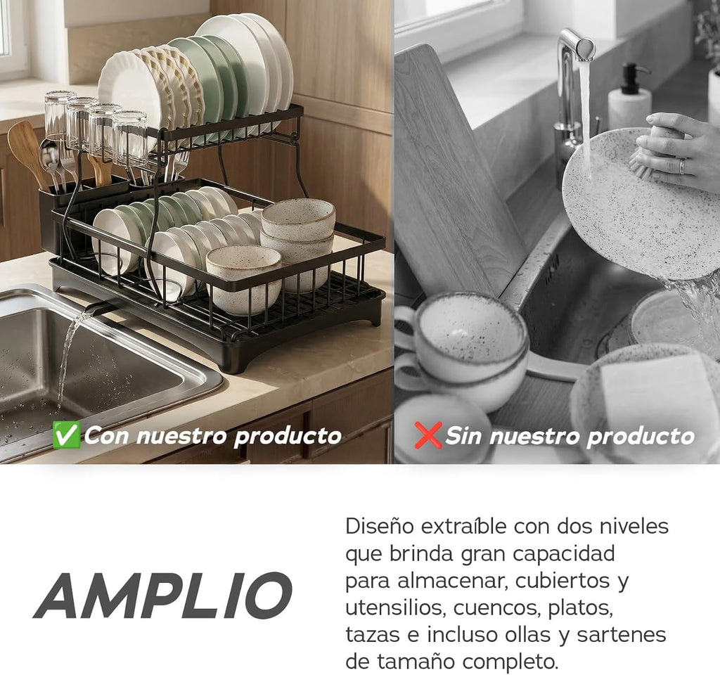 Raganet, Escurridor de Trastes Profesional 2 Niveles, Diseño de Acero Inoxidable Color Negro con Bandeja de Canaleta en 360°, Soporte de Vajilla, Vasos, Cubiertos y Accesorios de Cocina (42 x 33 cm)