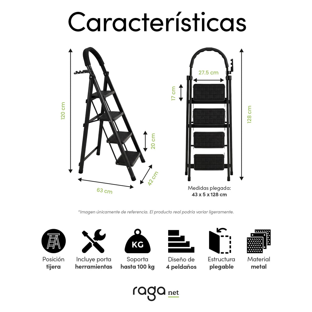 Raganet, Escalera de Tijera de 3 Peldaños, Escalera Tubular, Escalera Plegable Hecha de Acero Inoxidable, Escalones y Patas Antideslizantes, Altura Maxima 111cm Color Blanco (3 Peldaños)