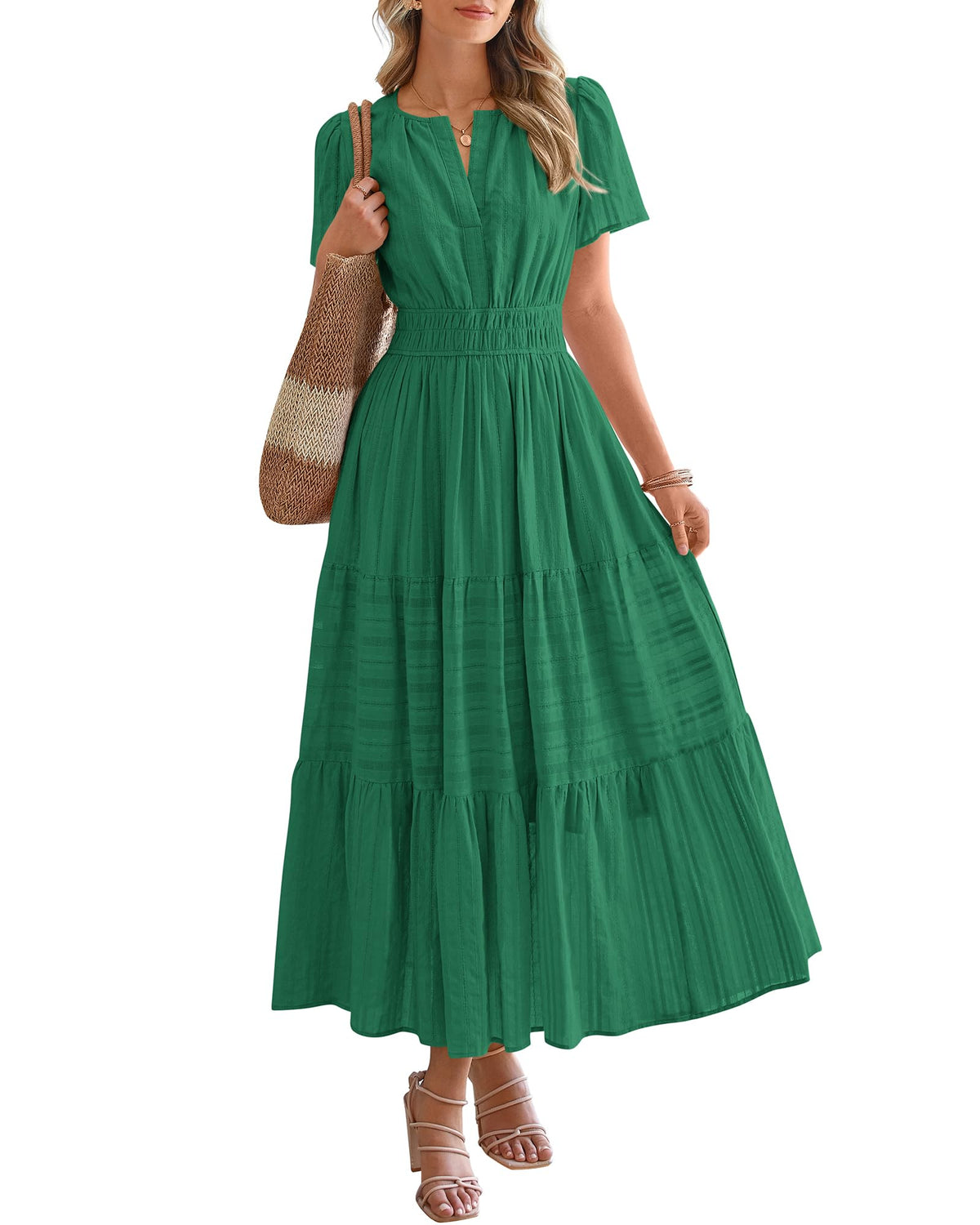 BTFBM - Vestido largo casual de verano 2025 midi y maxi para mujer, ligero, manga corta, cuello en V, cintura elástica, con bolsillos, bohemio para playa