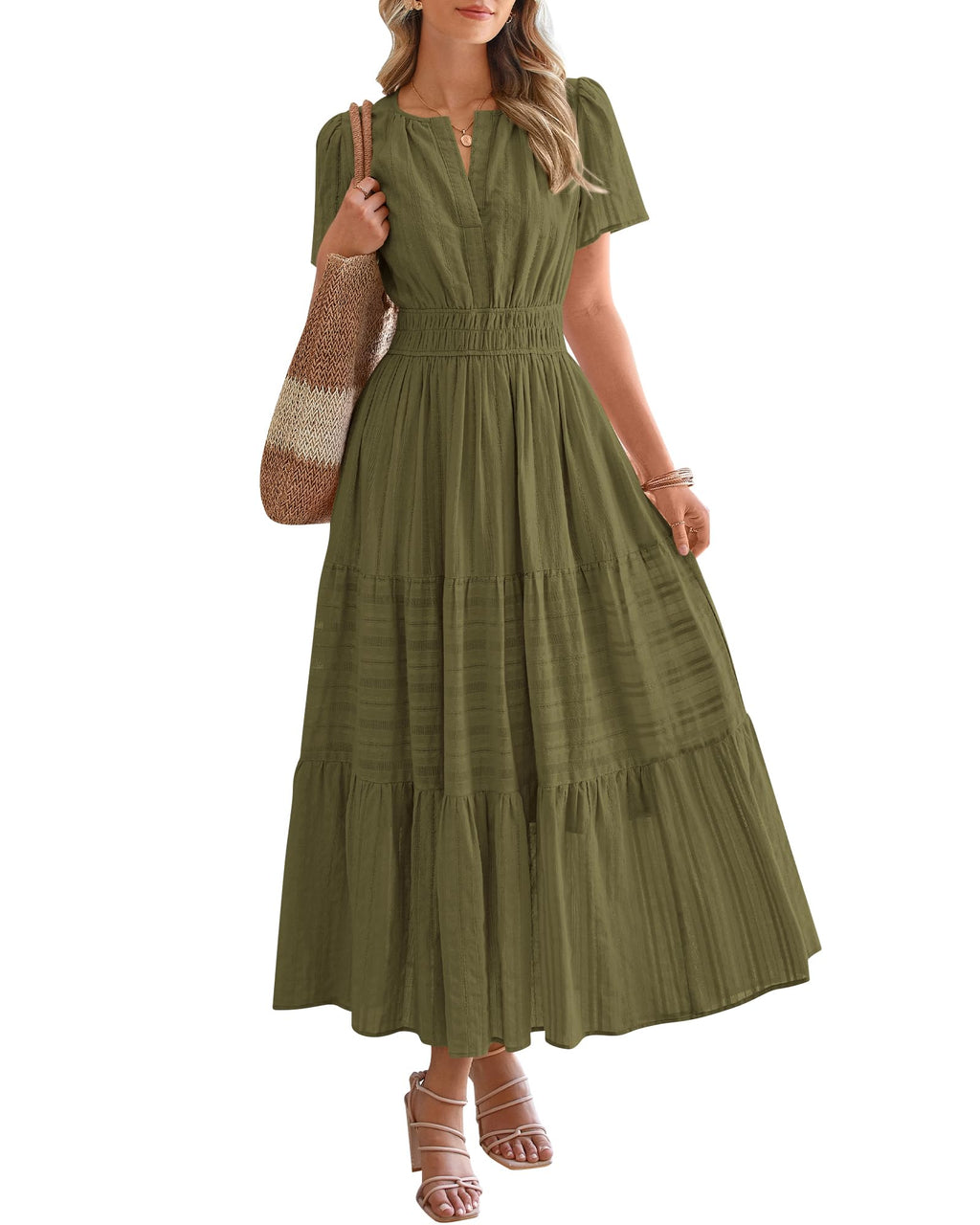 BTFBM - Vestido largo casual de verano 2025 midi y maxi para mujer, ligero, manga corta, cuello en V, cintura elástica, con bolsillos, estilo bohemio para playa
