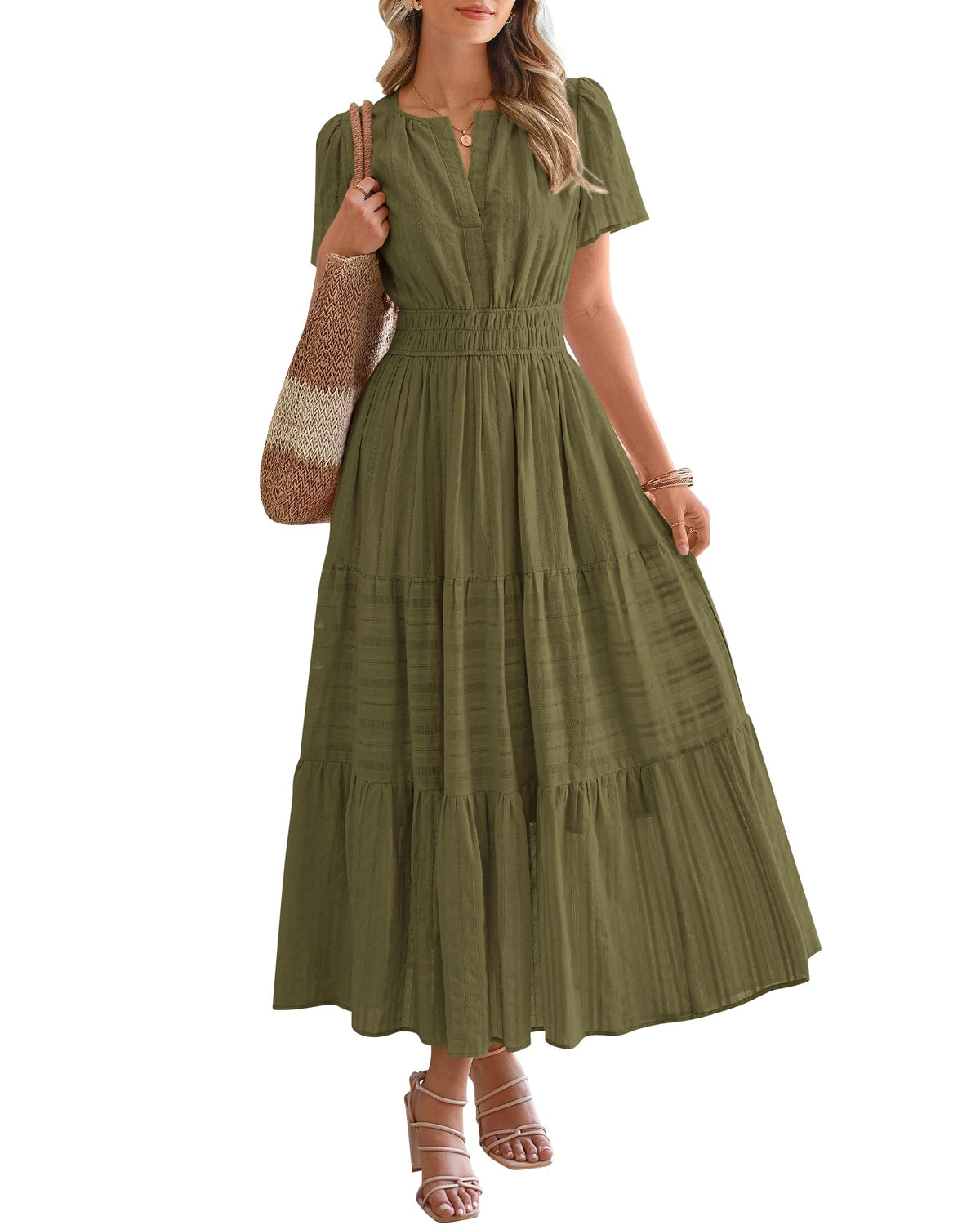 BTFBM - Vestido largo casual de verano 2025 midi y maxi para mujer, ligero, manga corta, cuello en V, cintura elástica, con bolsillos, estilo bohemio para playa