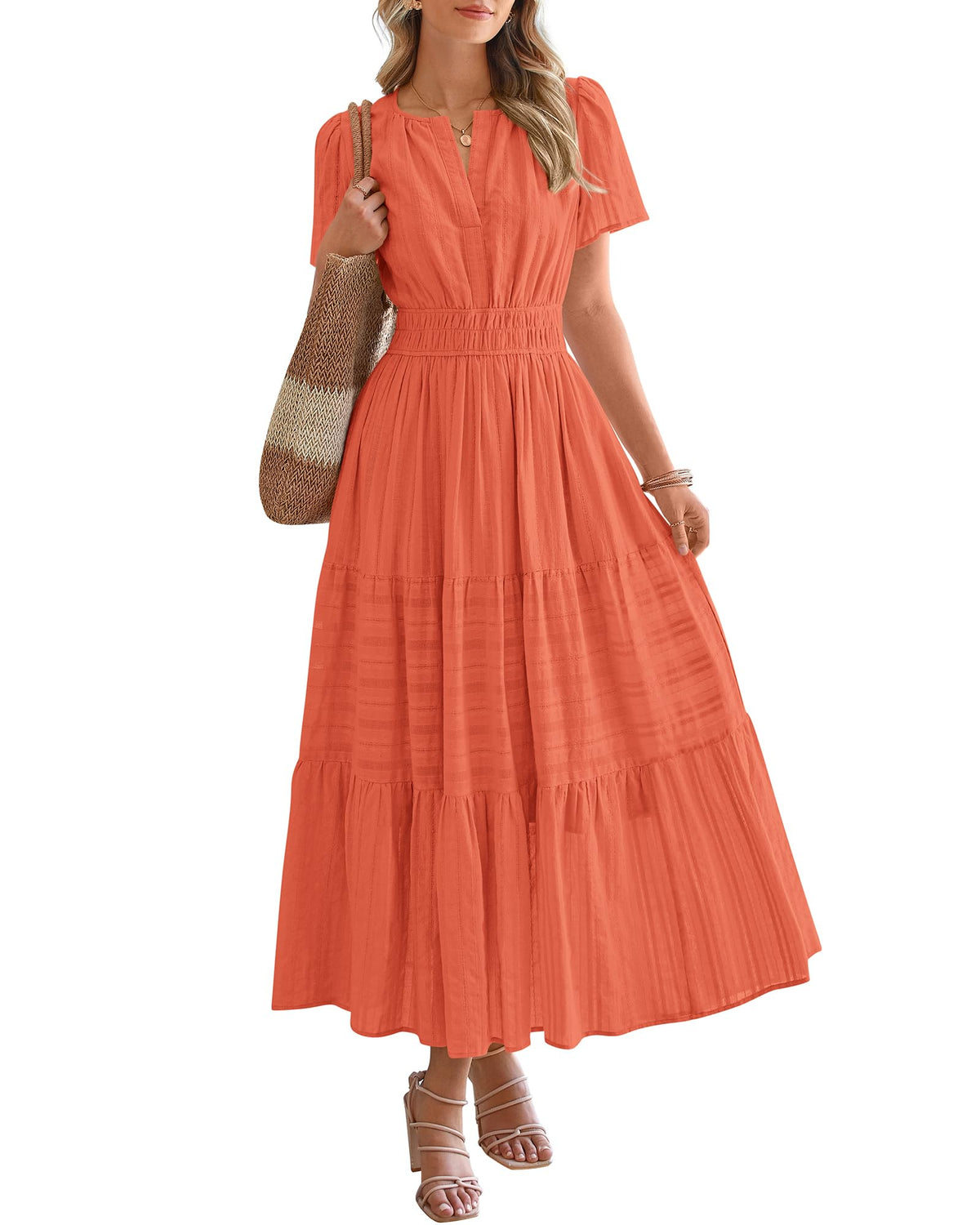 BTFBM - Vestido largo casual de verano 2025 midi y maxi para mujer, ligero, manga corta, cuello en V, cintura elástica, con bolsillos, bohemio para playa