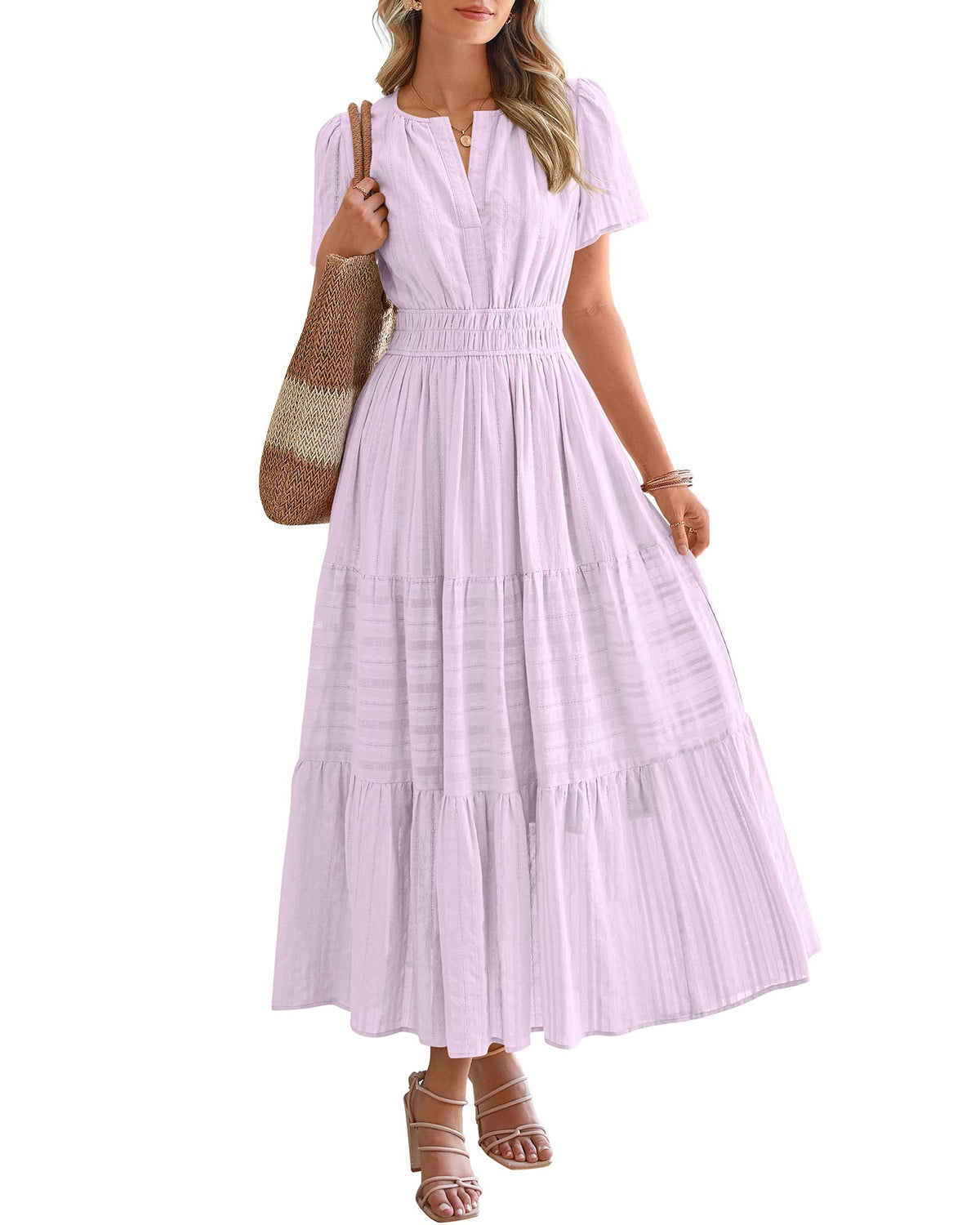 BTFBM - Vestido largo casual de verano 2025 midi y maxi para mujer, ligero, manga corta, cuello en V, cintura elástica, con bolsillos, estilo bohemio para playa