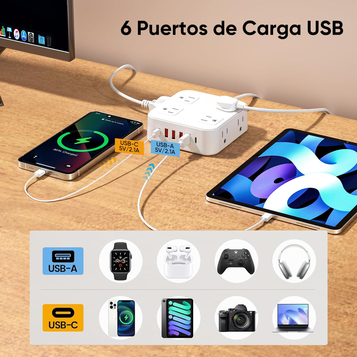 LUKITO Multicontacto Regleta 12 En1, Extensión Eléctrica con Protección contra Sobrecargas, Conector Multiple para Escritorio con Cable De 1.8m, 8 Salidas CA Y 4 Puertos USB (1 USB-c)