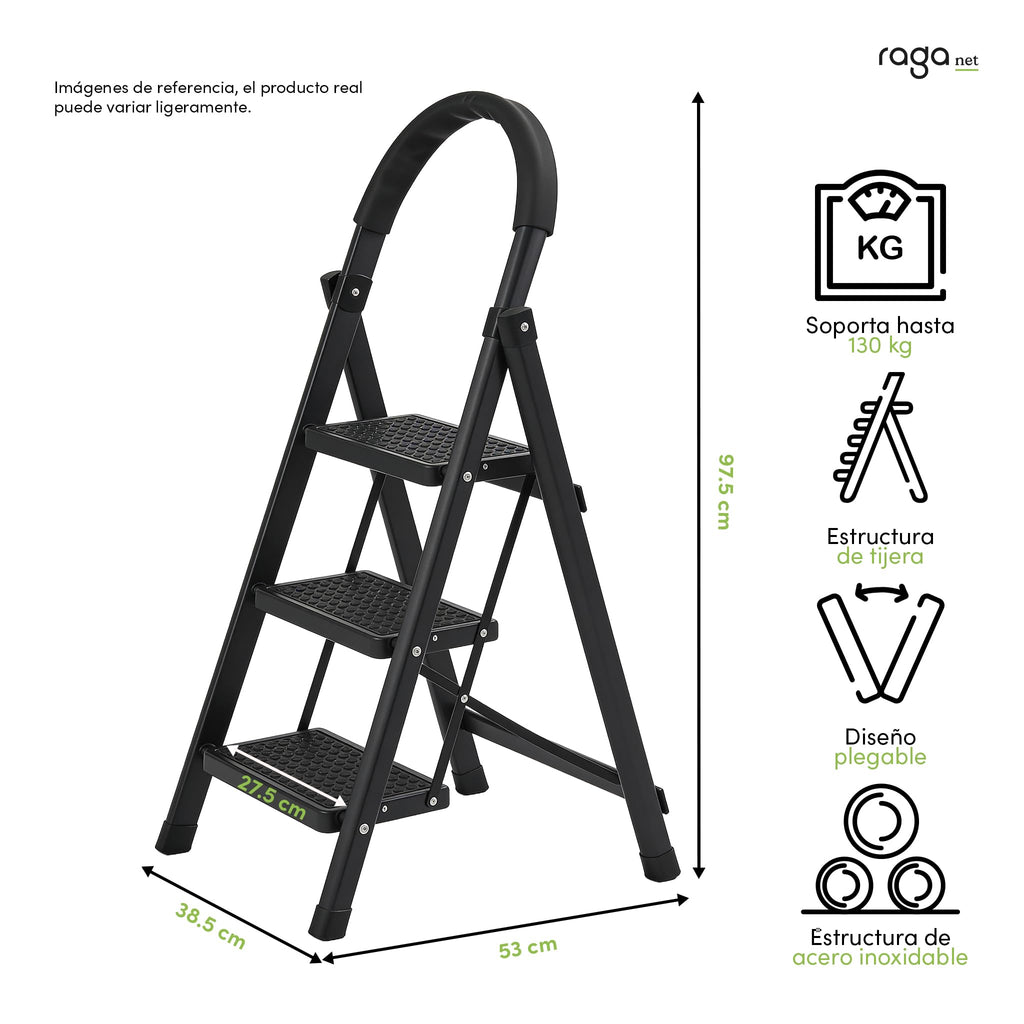 Raganet, Escalera de Tijera de 3 Peldaños, Escalera Tubular, Escalera Plegable Hecha de Acero Inoxidable, Escalones y Patas Antideslizantes, Altura Maxima 111cm Color Blanco (3 Peldaños)