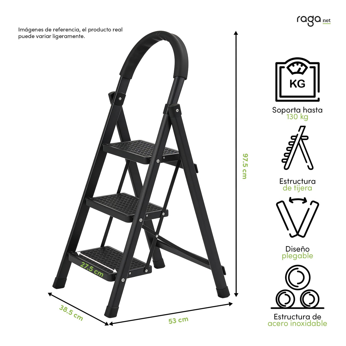 Raganet, Escalera de Tijera de 3 Peldaños, Escalera Tubular, Escalera Plegable Hecha de Acero Inoxidable, Escalones y Patas Antideslizantes, Altura Maxima 111cm Color Blanco (3 Peldaños)