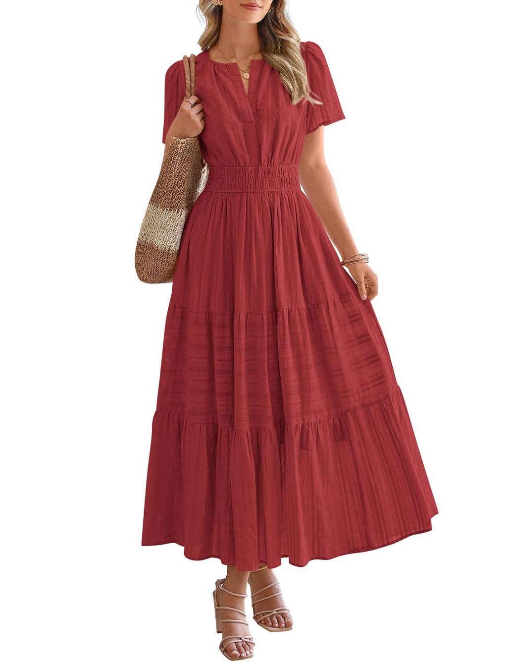 BTFBM - Vestido largo casual de verano 2025 midi y maxi para mujer, ligero, manga corta, cuello en V, cintura elástica, con bolsillos, estilo bohemio para playa