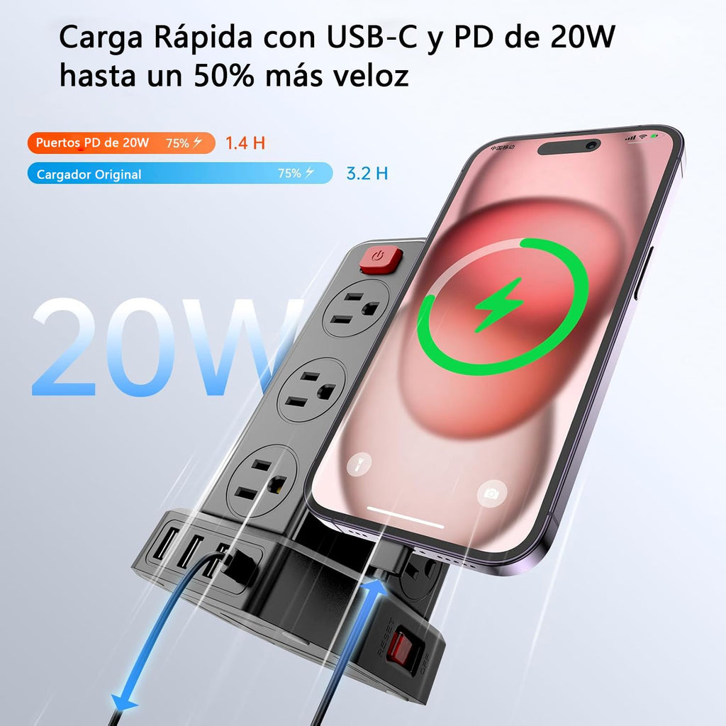SMALLRT Torre Regleta Multicontacto, Extensión Eléctrica Plana de 3.04M, Negro